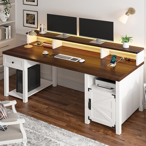 55" Farmhouse Writing Desk with Long Monitor Stand,Cabinet,Drawer, view 2