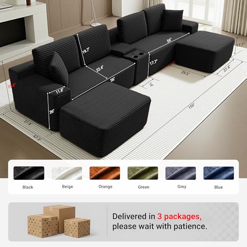 150 Inch Modular Sectional Sofa Couch, Oversized Modern Cloud Couch for Living Room, U Shape Couches with 2 Ottomans, USB Ports and Cup Holders, Black Corduroy Boneless Sofas, Sofa in a Box