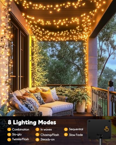120LED 10FT Solar Fairy Lights Outside Waterproof, 8 Lighting Modes IP65 Outdoor Solar String Lights Outdoor Waterproof Firecracker Twinkle Light for Patio Yard Garden Party Decorations, Warm White
