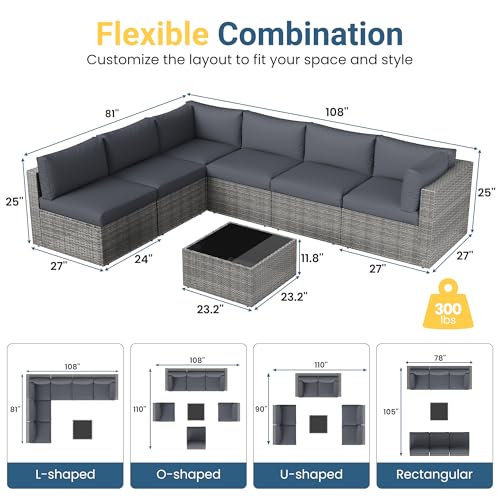 7 Pieces Wicker Outdoor Patio Furniture Set, Patio Sectional Sofa with Coffee Table, All-Weather Outdoor Sectional Furniture for Garden Backyard, Grey