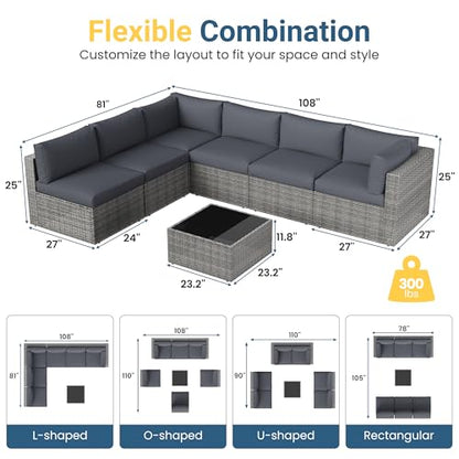 7 Pieces Wicker Outdoor Patio Furniture Set, Patio Sectional Sofa with Coffee Table, All-Weather Outdoor Sectional Furniture for Garden Backyard, Grey