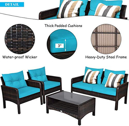 4-Piece Patio Furniture Set Outdoor Rattan Wicker Conversation Set with Coffee Table, Sectional Sofa Bistro Set with Cushions for Garden Poolside Backyard