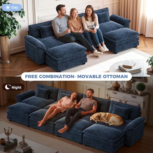 154" Oversized Modular Sectional Sofa, Comfy U-Shaped Cloud Couch w/ 3 Movable Ottoman, 7-Seater Chenille Deep Seat Modern Sofa Couch for Living Room, DIY Combination, Blue