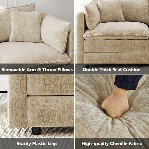 Modular Sectional Sofa Modern Convertible L Shaped Couch,112.2 Inch Deep 3-Seater Sofas Set Comfy Chenille Cloud Sofas and Couches with Movable Ottoman for Living Room Apartment（Camel）