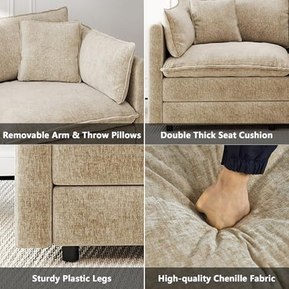 Modular Sectional Sofa Modern Convertible L Shaped Couch,112.2 Inch Deep 3-Seater Sofas Set Comfy Chenille Cloud Sofas and Couches with Movable Ottoman for Living Room Apartment（Camel）