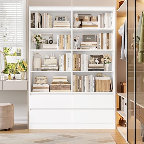 71" White Bookshelf with Drawers, 6-Tier Double Wide Bookshelves and Bookcases with Storage, Tall Bookshelf Large Open Book Shelf Standing Book Case for Home Office, White