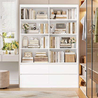 71" White Bookshelf with Drawers, 6-Tier Double Wide Bookshelves and Bookcases with Storage, Tall Bookshelf Large Open Book Shelf Standing Book Case for Home Office, White