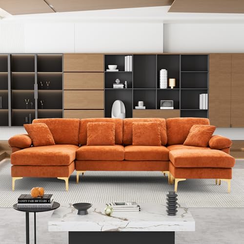 U-Shaped Sectional Sofa Couch, 4 Seat Sofa Set for Living Room, Convertible L-Shaped Velvet Couch Set with Chaise Lounge, Ottoman and Pillows,114 inches (Orange)