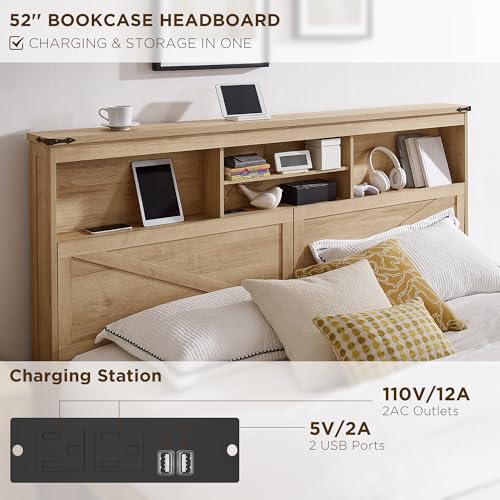 Farmhouse Full Size Bed Frame with 52" Storage Bookcase Headboard and 4 Drawers, view 6