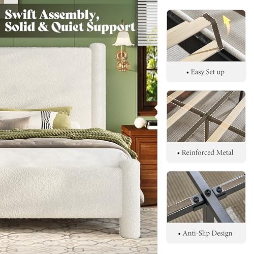 Boucle Cloud Upholstered Bed Frame with Cylinder Headboard, Modern Platform Structure, Sherpa Boucle Soft Design, No Box Spring Needed (White, Full)