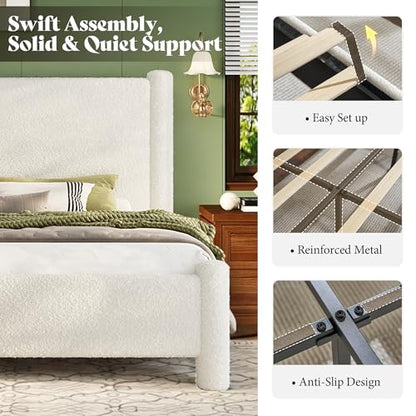 Boucle Cloud Upholstered Bed Frame with Cylinder Headboard, Modern Platform Structure, Sherpa Boucle Soft Design, No Box Spring Needed (White, Full)