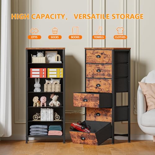Tall Dresser with 6 Drawers,Vertical End Table and Nightstand for Bedroom,Industrial Dorm Bedside Furniture with Fabric Storage Drawer Organizer in Living Room,Closet,Entryway(Rustic Brown)