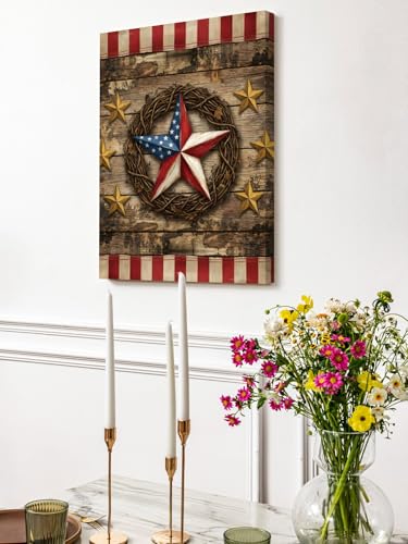 Farm Western Stars Stripe Wood Grain Canvas Wall Art Prints,40"x28" Framed Picture Artwork 4th of July Patriotic Flag Printed Canvas Oil Painting for Living Room Bedroom Office,Ready to Hang