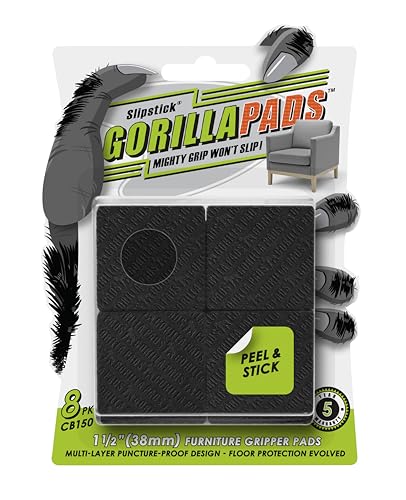 GorillaPads CB150 Non Slip Furniture Pads/Rubber Grips (Set of 8) Self Adhesive Furniture Feet Floor Protectors, 1-1/2 inch Square, Black