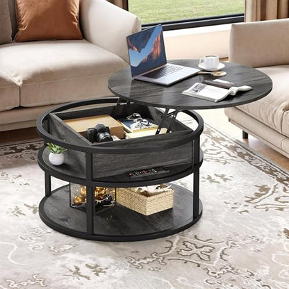 Round Lift Top Coffee Tables for Living Room | Lift Top Design, Dining Table with Hidden Compartment, 2-Tier Storage, Farmhouse Style, for Living Room, Easy Assembly