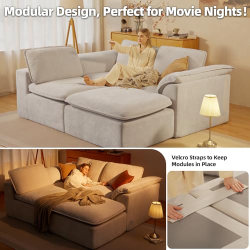 112" Cloud Couch Sectional with Padded Armrests & Moveable Ottoman Boneless Sectional Couches for Living Room White Couch, No Assembly Required