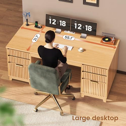 55.1" Fluted Office Desk with 6 Drawers, Modern Executive Desk with Acrylic File Drawers, Computer Desk with Power outlets for Home Office and Study, Natural
