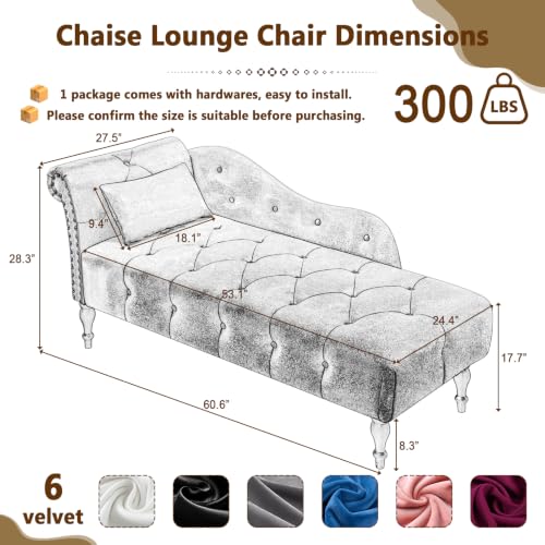 Velvet Upholstered Chaise Lounge Chair Indoor with Pillow, view 3