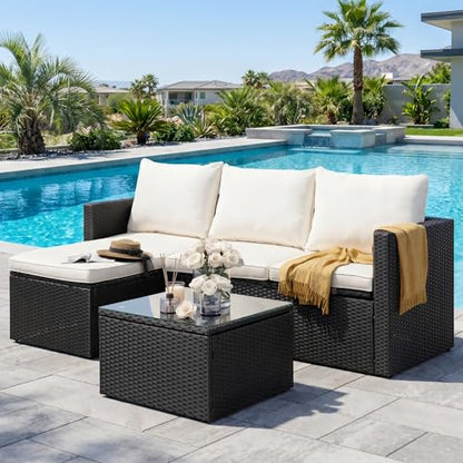3 Piece Patio Furniture Set, Outdoor PE Rattan Sectional Sofa Set with Ottoman, Detachable Cushions and Glass Coffee Table, Patio Conversation Set for Backyard Balcony Porch, Black/White