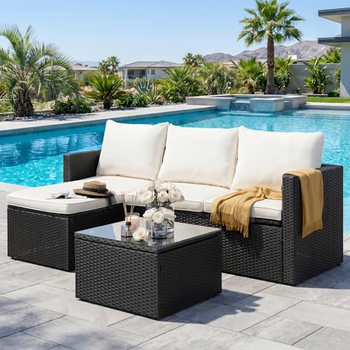 3 Piece Patio Furniture Set, Outdoor PE Rattan Sectional Sofa Set with Ottoman, Detachable Cushions and Glass Coffee Table, Patio Conversation Set for Backyard Balcony Porch, Black/White