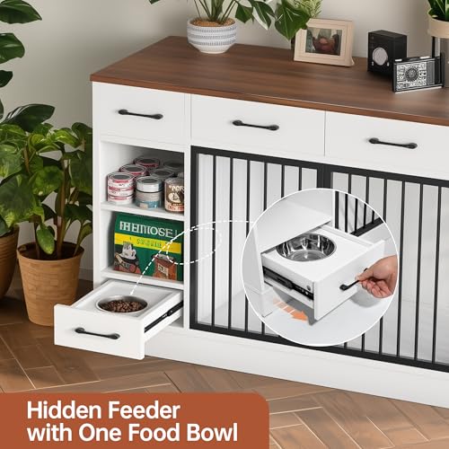 47.2" Large Dog Crate Furniture with 3 Storage Drawers & Hidden Bowl, view 6