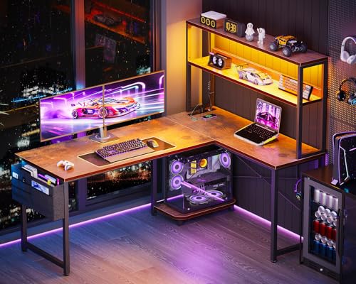 53" L Shaped Gaming Desk with Shelves, LED & Outlets, Vintage, view 3