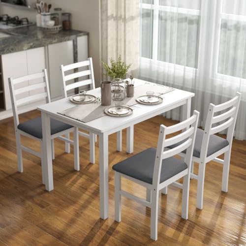 5-Piece Dining Table Set for 4, Solid Rubber Wood Legs, White, view 2