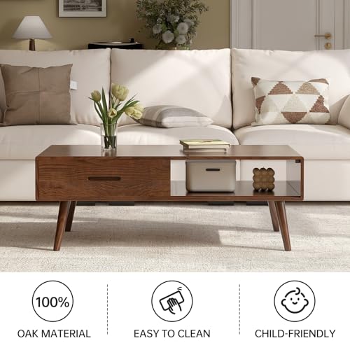 100% Solid Wood Coffee Table for Living Room, 47.24" W Oak Coffee Table with Storage Shelf and 2 Drawers, Mid-Century Modern Coffee Tables for Home (Oak Walnut Colour)