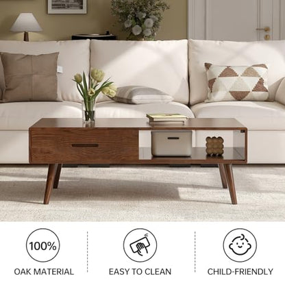 100% Solid Wood Coffee Table for Living Room, 47.24" W Oak Coffee Table with Storage Shelf and 2 Drawers, Mid-Century Modern Coffee Tables for Home (Oak Walnut Colour)