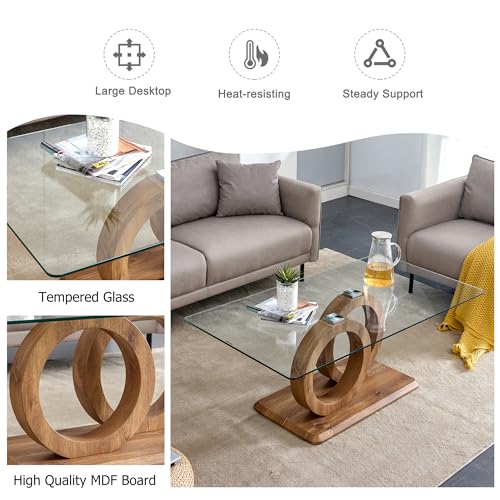 Glass Coffee Table for Living Room, Modern Tempered Glass Tabletop and MDF Legs, Small Modern Coffee Table. (Natural, Style 1)