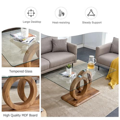 Glass Coffee Table for Living Room, Modern Tempered Glass Tabletop and MDF Legs, Small Modern Coffee Table. (Natural, Style 1)