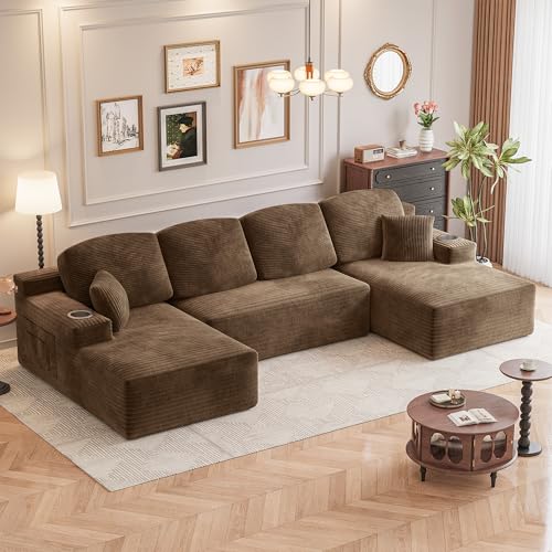 142" Boneless Couch, Modular Sectional Sofa, No Assembly Required, Memory Foam Filling, Corduroy U-Shaped Sofa, Movable Multi-Person Couch for Living Room (Brown)