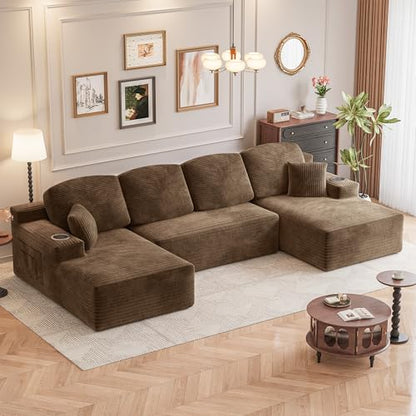 142" Boneless Couch, Modular Sectional Sofa, No Assembly Required, Memory Foam Filling, Corduroy U-Shaped Sofa, Movable Multi-Person Couch for Living Room (Brown)