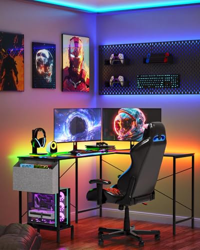 L Shaped Desk - 50" Reversible Home Office Computer Desk, Wood Top, Metal Frame, Side Bag, Sturdy Gaming Desk Corner Table for Work, Writing and Study, Space-Saving