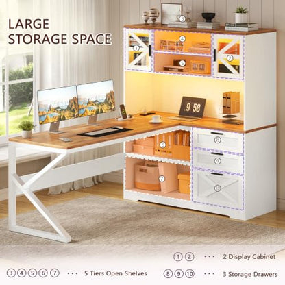 59” Farmhouse L Shaped Desk with Drawers, Storage Shelves for Home Office, view 6