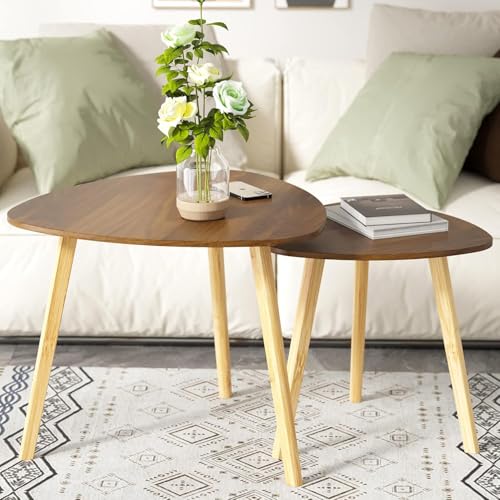 Bamboo Nesting Triangle End Table,Set of 2 Side Table Modern Minimalist Coffee Table for Living Room (Walunt)