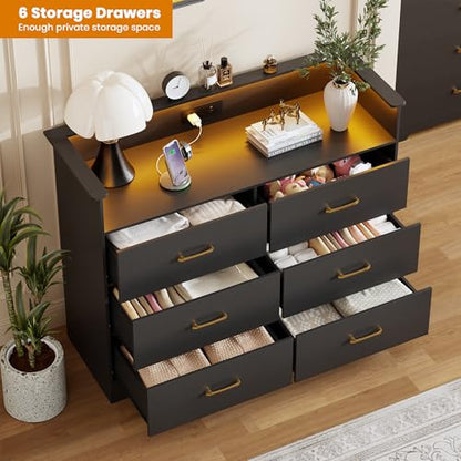 6 Drawer Dresser with LED Light and Charging Station, Black, view 5