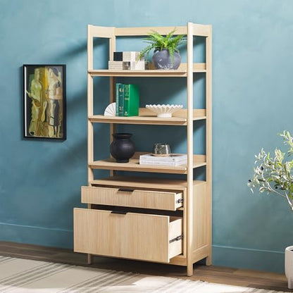 Transitional Open Reeded 4-Shelf Bookshelf with Drawers on Bottom, Versatile Bookcase with Bottom Storage for Home Office, Living Room, Bedroom, 33”W x 16.75”D x 70”H, Coastal Oak