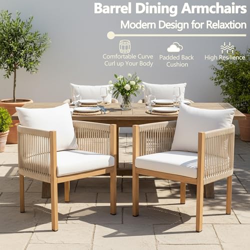 Outdoor Dining Chairs Set of 2, Wicker Patio Furniture Set with Armrests, Cushioned Backrest Patio Arm Chairs, Metal Barrel Dining Room Chair, Modern Kitchen Table Chair for Balcony, Beige
