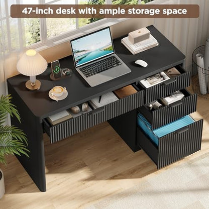 47" Office Desk with 4 Fluted Drawers, Wooden Home Exectuive Desk with A File Drawer, Modern Farmhouse Computer Desk for Work, Study, Home Office, Bedroom,Pure Black