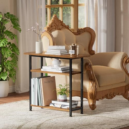 Narrow Side Table, 3-Tier End Table with Wide Storage Tabletop, Nightstand for Bedroom Living Room, Rustic Brown
