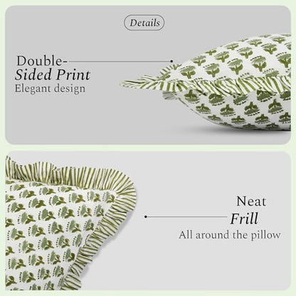 CPC Block Print Ruffle Throw Cover Emerald Green 18"x18" Inch Pack of 2-100% Cotton Ruffle Couch Decorative Boho Pillows Case for Living Room, Bedroom, Sofa, Farmhouse Gift for Spring, Mother's Day