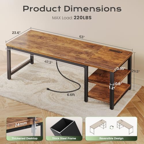 63'' x 23.6'' Computer Desk with Power Outlets, 0.95'' Thick Desktop, view 3