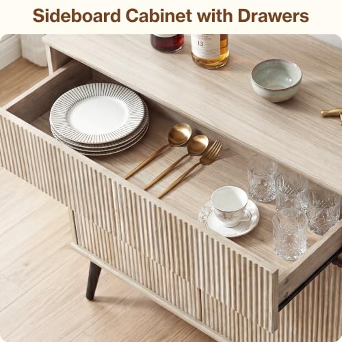 31" Small Fluted Sideboard Buffet Cabinet, Light Oak., view 6