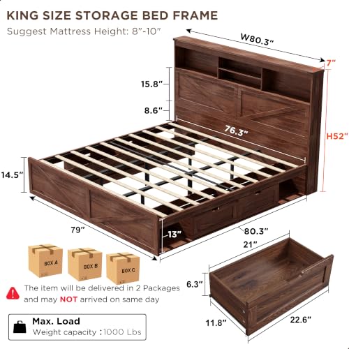 Brown Solid Wood Platform Bed Frame with Drawers and Lighting, view 3