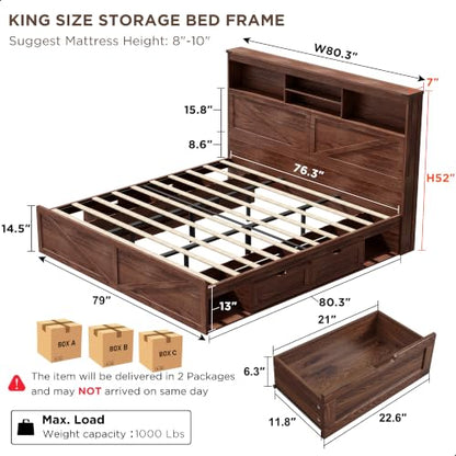 Brown Solid Wood Platform Bed Frame with Drawers and Lighting, view 3