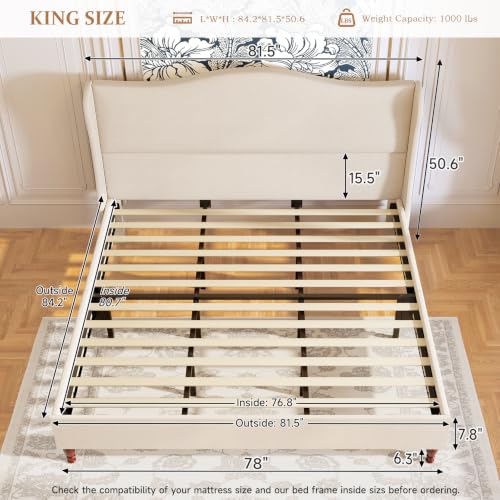 King Size Upholstered Bed Frame with 51'' Tall Headboard, Beige, view 3