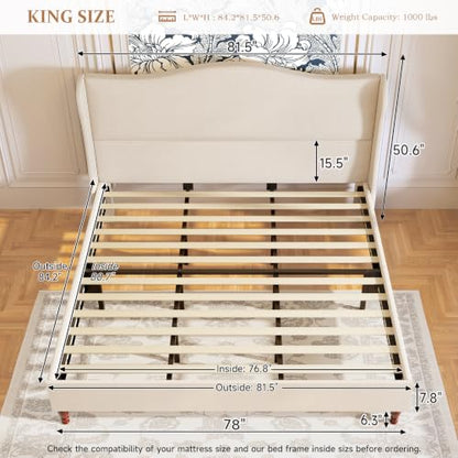 King Size Upholstered Bed Frame with 51'' Tall Headboard, Beige, view 3