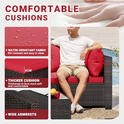 7-Piece Outdoor Patio Furniture Sets, Manual Weaving Rattan Conversation Sectional Sofa with Tempered Glass Coffee Table, All-Weather PE Wicker & Thick Cushions for Garden, Backyard, Porch