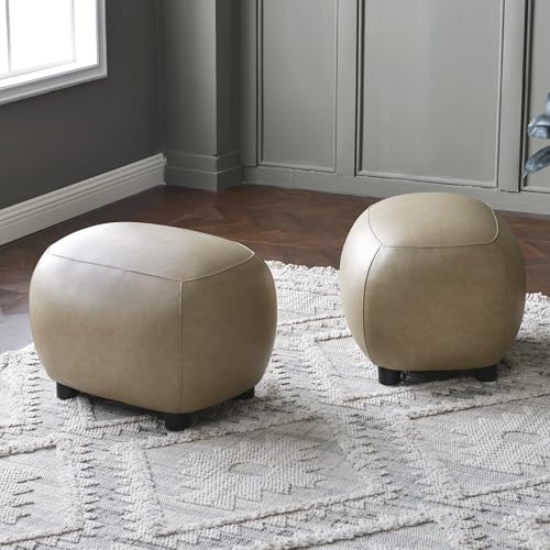 23" Wide Faux Leather Upholstered Ottoman Set of 2, Mid-Century Modern Living Room Footrest with Soft Padded Seat, Footstool for Bedroom, Entryway or Living Room, Khaki